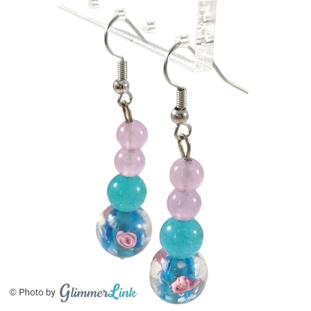 Pink & Blue Floral Glass Lamp Work Beaded Tiered Dangle Earrings